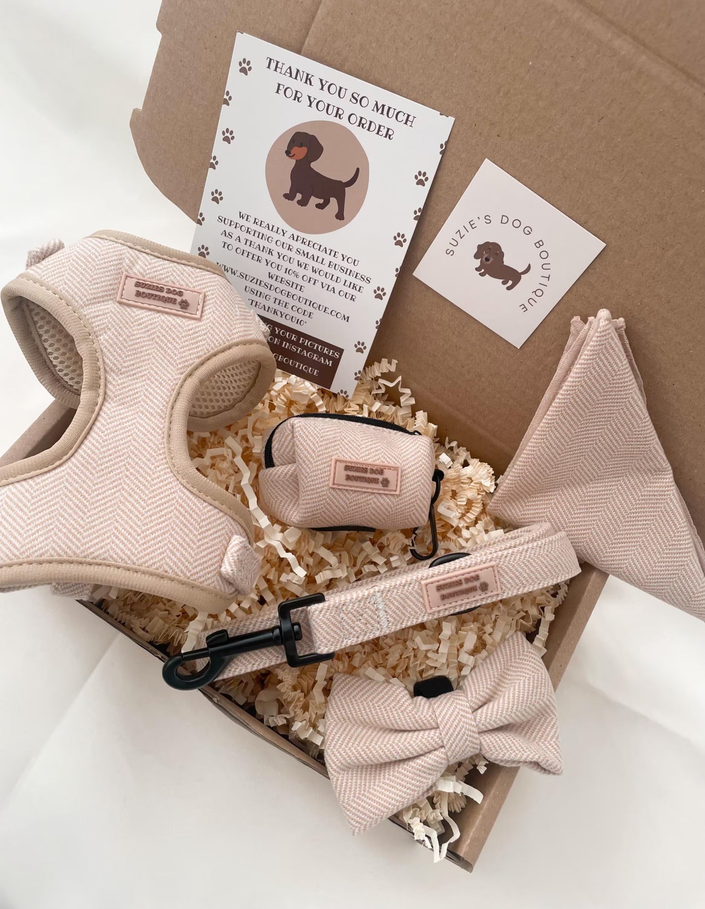Beige Herringbone Dog Harness Set