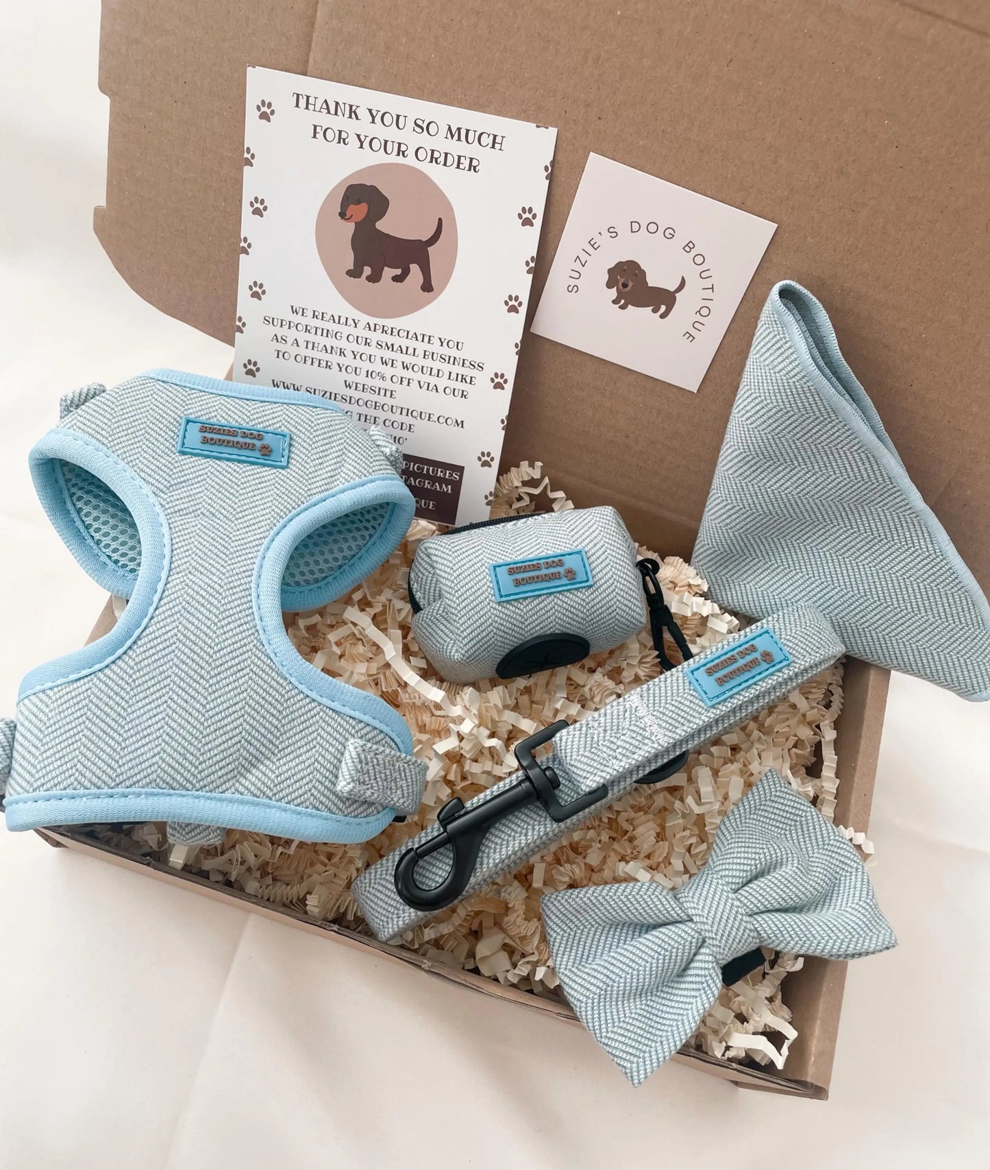 Blue Herringbone Dog Harness Set