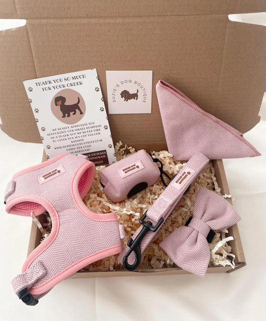 Pink Herringbone Dog Harness Set